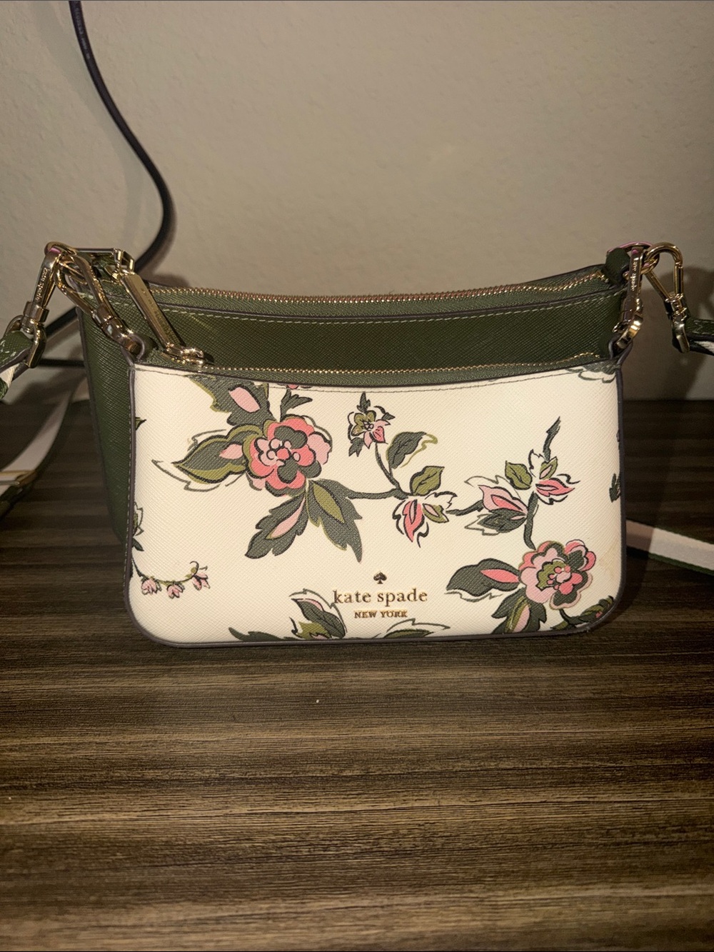 kate spade White and Olive Floral Crossbody Bag with Pink Blooms